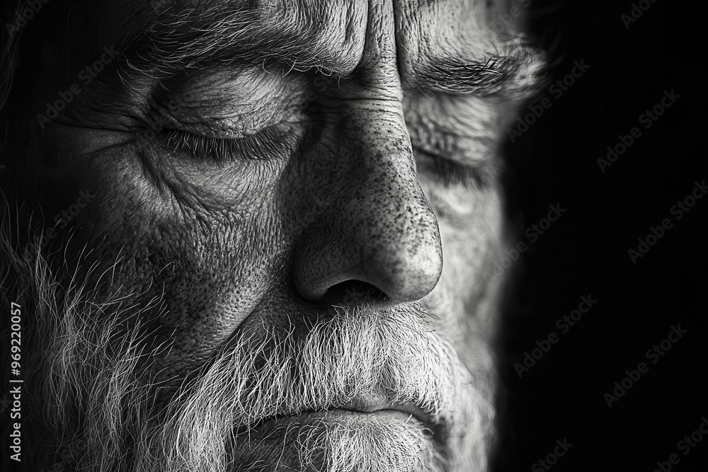 intense monochrome portrait of a man eyes closed in deep contemplation high contrast emphasizes every line and texture of his weathered face intense monochrome portrait of a man eyes closed in deep contemplation high contrast emphasizes every line and texture of his weathered face