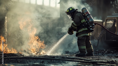 Firefighters are extinguishing a burning fire. Fireman putting out fire 