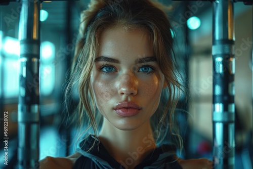 Young woman with striking blue eyes at the gym, showcasing focused determination in a fitness training session photo