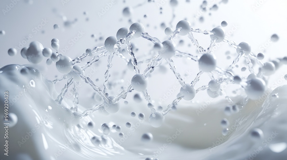 A DNA structure floating within a splash of milk on a white background, representing scientific discovery and food technology A DNA structure floating within a splash of milk on a white background, representing scientific discovery and food technology
