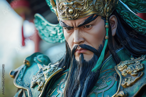 A close up of Chinese god of war Guan Yu, showcasing intricate details and fierce expression photo