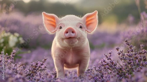 A dwarf piglet with a wrinkled snout standing on a lavender backdrop photo