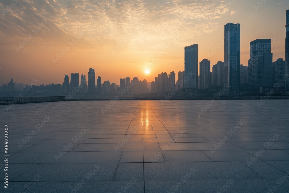 Empty square floors and city skyline with modern buildings in Chongqing at sunrise with generative ai Empty square floors and city skyline with modern buildings in Chongqing at sunrise with generative ai
