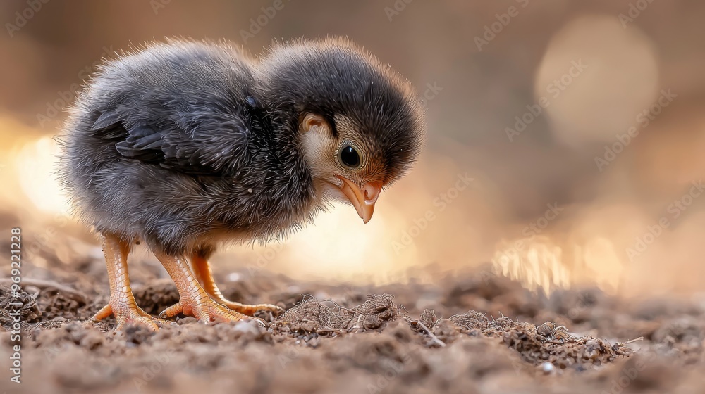 A baby dwarf chicken pecking the ground on a muted brown background A baby dwarf chicken pecking the ground on a muted brown background