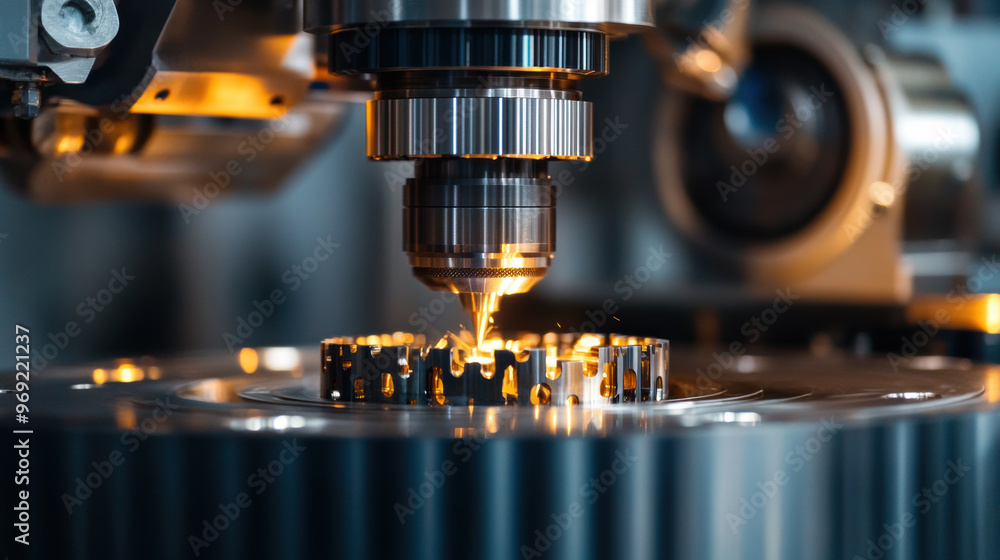High tech robot performing final quality inspection on precision part, showcasing advanced manufacturing technology and intricate details. scene captures sparks and precision of process High tech robot performing final quality inspection on precision part, showcasing advanced manufacturing technology and intricate details. scene captures sparks and precision of process