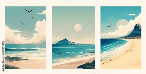 Minimalist Poster Design Featuring Three Panels: Mountains, Beach, and Birds in the Sky. Beige Tones, Soft Green and Gray Hues, Simple Shapes, and Vector Art Style on a White Background. photo