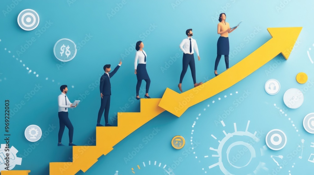 Fototapeta premium Sustainable growth, long term success or growing business with winning strategy, improvement or steps to team success, productivity concept, business people employee step up sustained growth arrow
