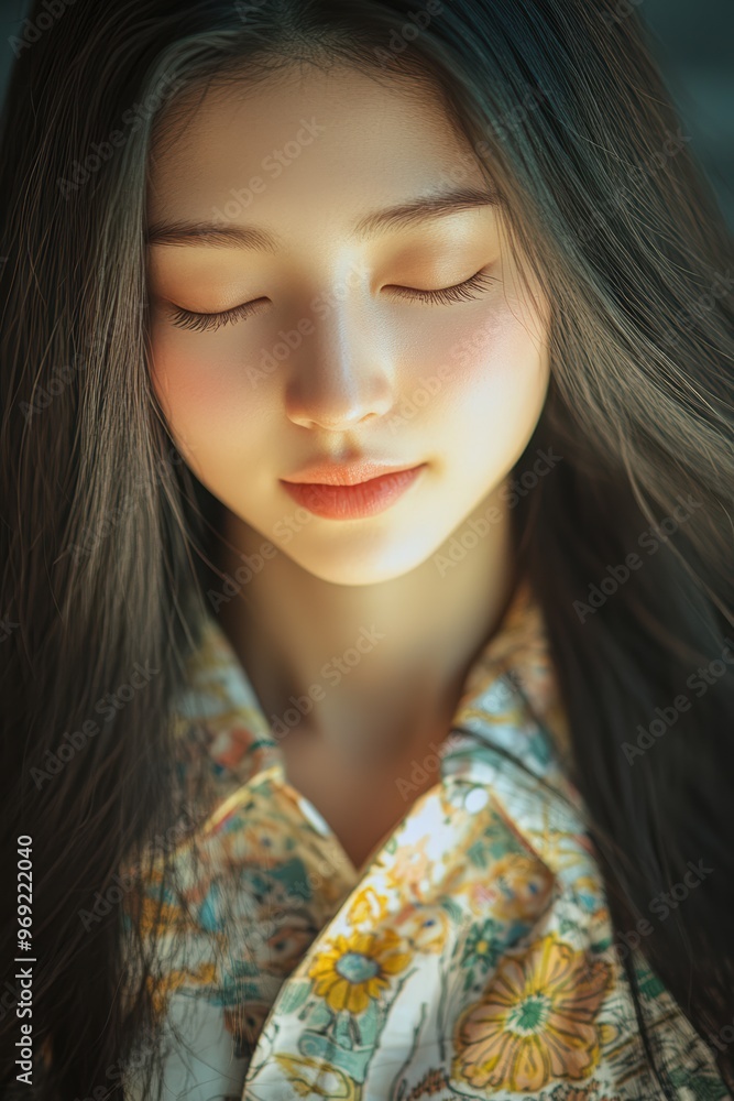 A young Asian girl, eyes softly shut, exudes a sense of peaceful joy in a moment of calm reflection, embodying tranquility and relaxation. A young Asian girl, eyes softly shut, exudes a sense of peaceful joy in a moment of calm reflection, embodying tranquility and relaxation.