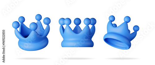 3D set of blue crown icon isolated. Render plastic crown emoji symbol. Emoticon for VIP, rich, winner luxury premium success. Customer feedback, rating or status signs. Realistic vector illustration