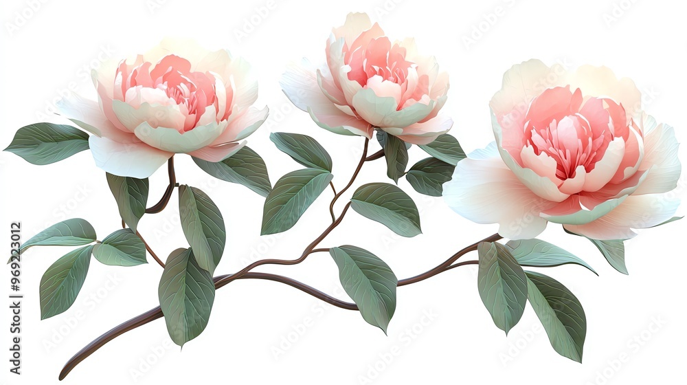 Obraz premium Elegant peony flowers with soft pink hues, showcasing delicate petals and lush green leaves, perfect for floral designs.