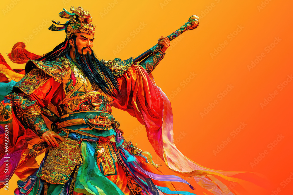 Fototapeta premium A colorful depiction of god of war, Guan Yu, showcasing his strength and valor