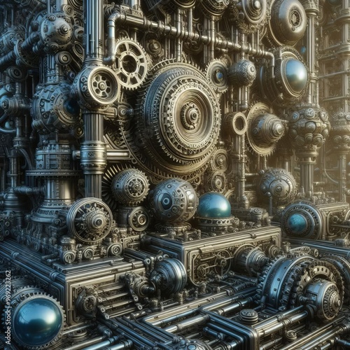 An intricate arrangement of mechanical gears, highlighting the complexity and precision of industrial machinery. The detailed design showcases the engineering marvels of mechanical systems.. AI