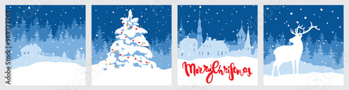 Abstract landscape with a snowy forest, small house, old tow and deer. Set of vector backgrounds square format, Christmas wallpapers.