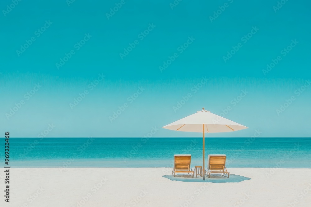 Two Beach Chairs Under An Umbrella On A Sunny Day Two Beach Chairs Under An Umbrella On A Sunny Day