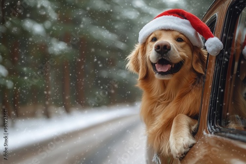 joyful golden retriever wearing santa hat leaning out of vintage car window snowy winter landscape heartwarming holiday road trip scene playful pet adventure photo