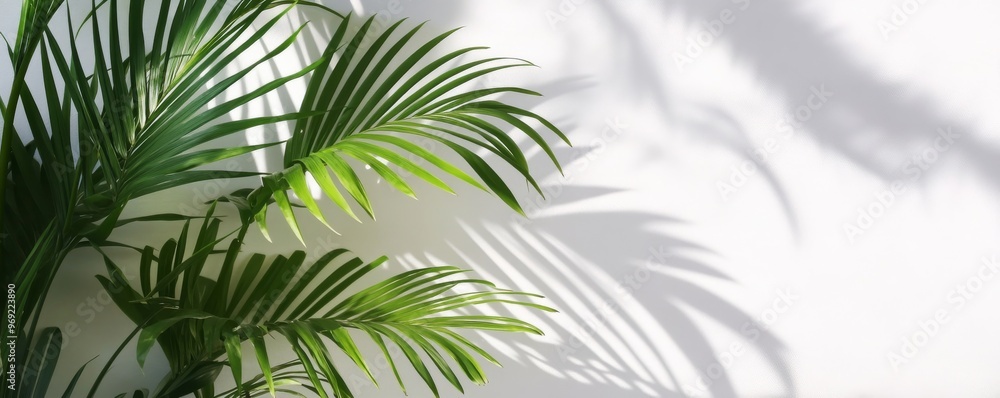 Green palm leaves casting shadows on white Green palm leaves casting shadows on white