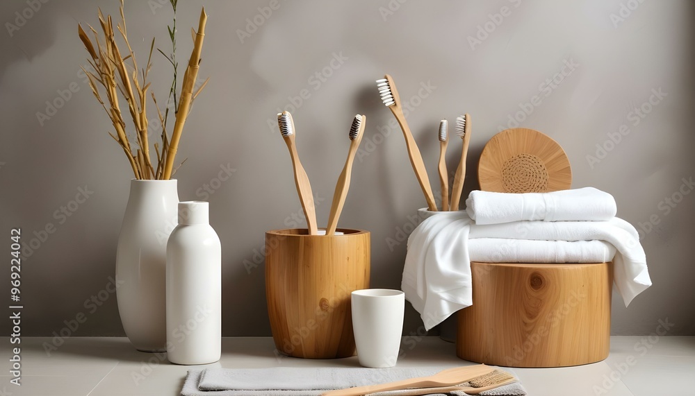 Eco toothbrushes. Bamboo toothbrushes cup, natural soap, plastic free ear sticks, wooden hair brush and white towels on gray stone background Eco toothbrushes. Bamboo toothbrushes cup, natural soap, plastic free ear sticks, wooden hair brush and white towels on gray stone background