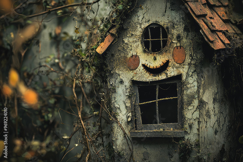 A creepy doll house with broken windows and sinister smile evokes unease photo