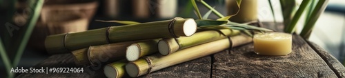 Sugar Cane Stalks Crossed with a Muddler on a Rustic Table photo