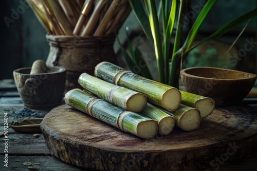 Sugar Cane Stalks Crossed with a Muddler on a Rustic Table photo