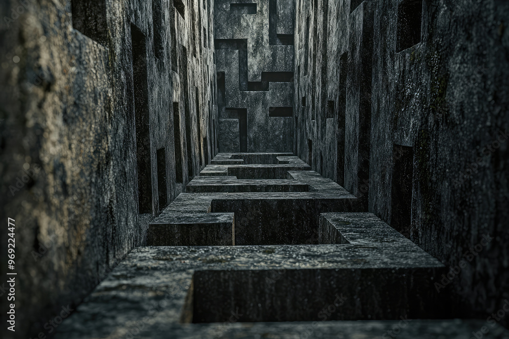 Obraz premium A dark and twisted maze with high walls creates an eerie atmosphere