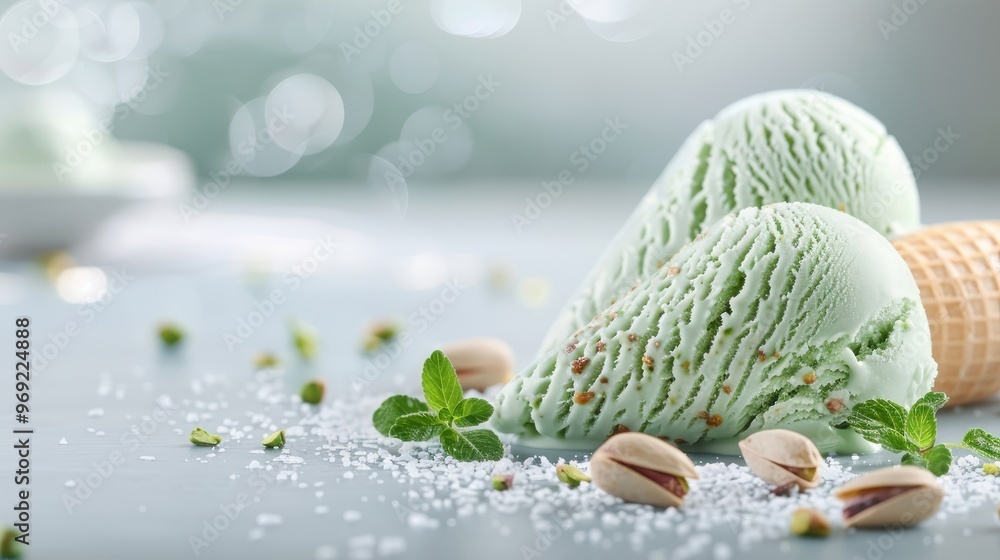 A photorealistic image of pistachio gelato, a refreshing summer treat. A photorealistic image of pistachio gelato, a refreshing summer treat.