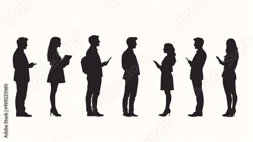 Full-length silhouettes of casual professionals, both men and women, in black and white on a white background, reflect a business theme and diverse individuals. 