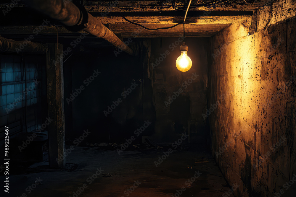 Fototapeta premium A dimly lit basement with flickering light bulb creates an eerie atmosphere