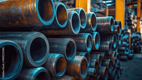 Stack of metal pipes in a warehouse. Great for a website about industrial manufacturing and construction.