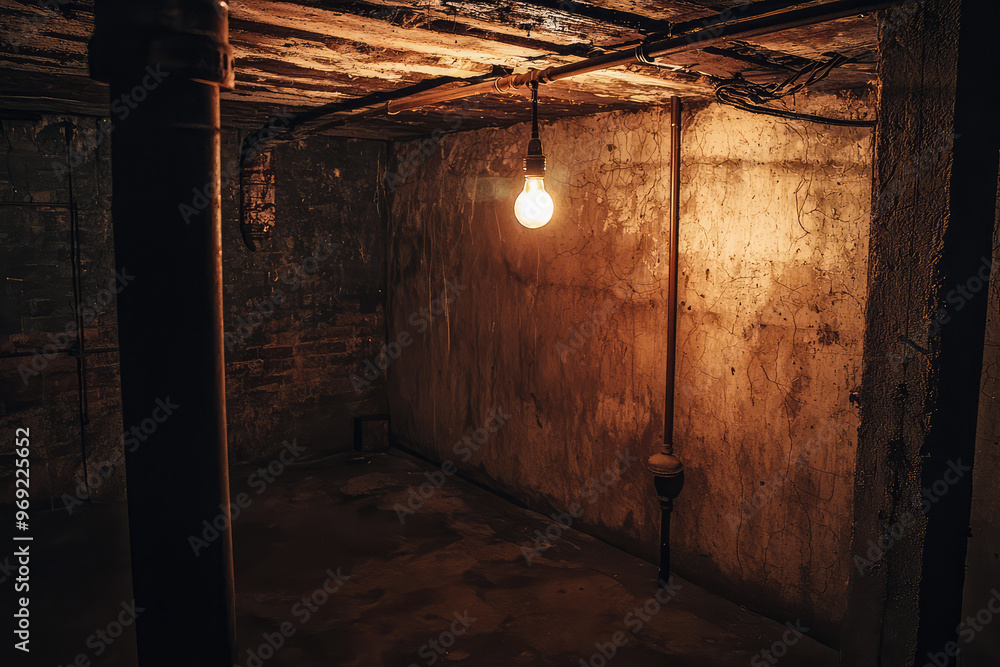 Obraz premium A dimly lit basement with flickering light bulb creates an eerie atmosphere