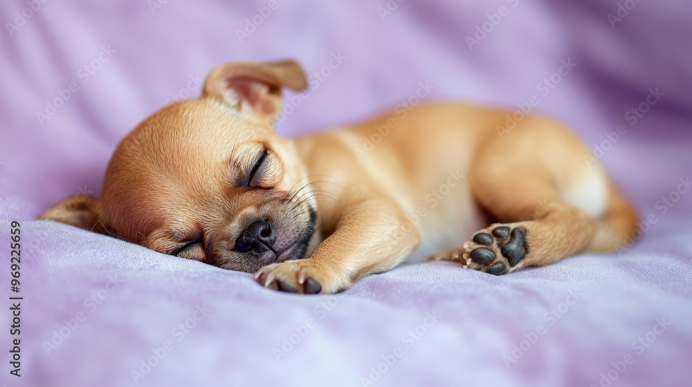 A tiny dwarf dog sleeping peacefully on a light purple surface, its body curled up A tiny dwarf dog sleeping peacefully on a light purple surface, its body curled up