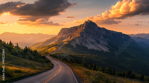 Winding asphalt road leading up to a mountain peak, with a beautiful sunset in the sky.