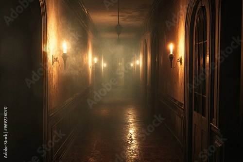 A dimly lit hallway with flickering lights creates haunting atmosphere