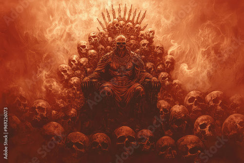 A dramatic illustration of God of Hell sitting on throne of skulls, surrounded by flames photo