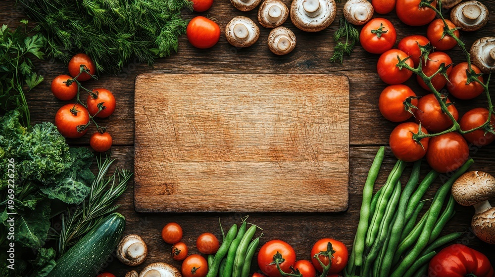 Top view of a rustic wooden cutting board surrounded by fresh vegetables, mushrooms, and garlic, ready for food preparation. Top view of a rustic wooden cutting board surrounded by fresh vegetables, mushrooms, and garlic, ready for food preparation.