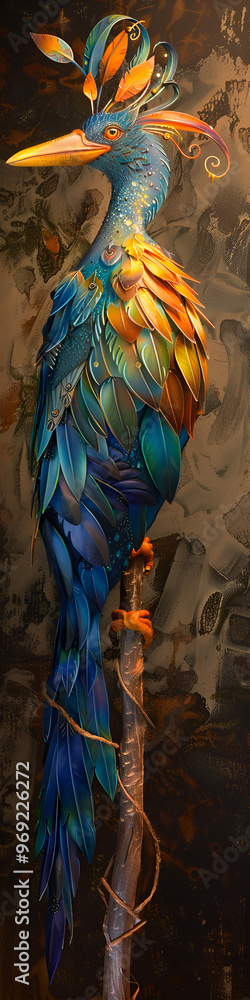 Fototapeta premium A bird made of leaves and feathers is perched on a branch