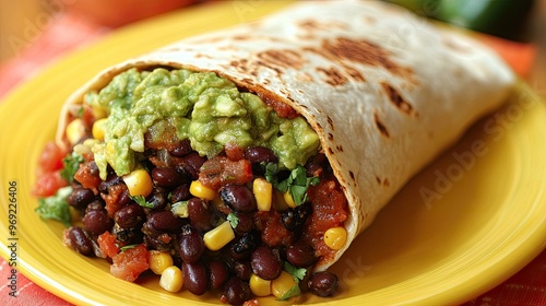 A delicious burrito with black beans, corn, and guacamole. Perfect for showcasing a tasty and healthy meal, especially for food bloggers and restaurants. photo