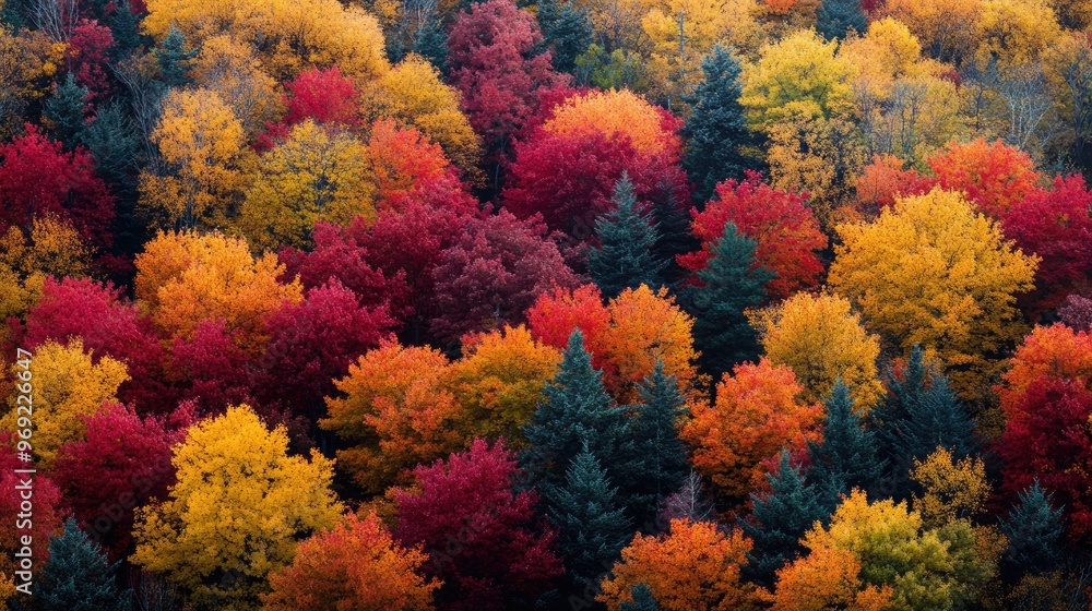 Obraz premium Vibrant fall foliage in a forest. Perfect for nature, autumn, and seasonal designs.