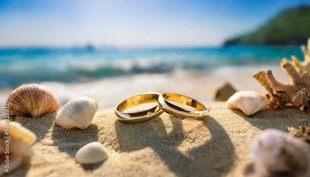 Gold Wedding Rings in the Sand with Shells Gold Wedding Rings in the Sand with Shells