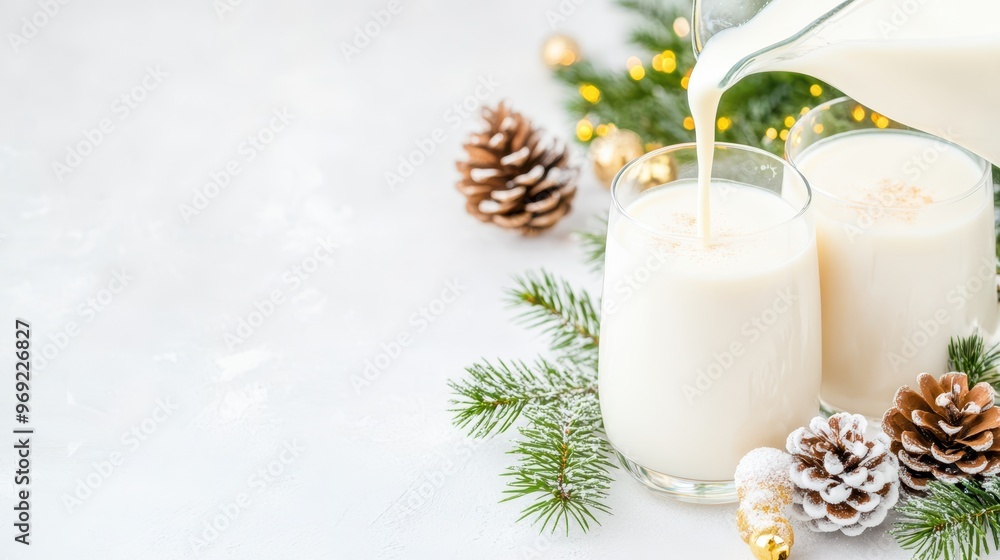 Creamy eggnog being poured into a glass, garnished with holly and surrounded by festive decorations on a snowy background. Holiday drink concept. Creamy eggnog being poured into a glass, garnished with holly and surrounded by festive decorations on a snowy background. Holiday drink concept.