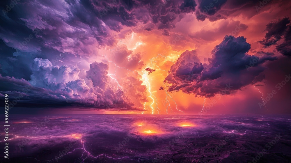 A dramatic, surreal thunderstorm where the sky is split by bolts of lightning in vivid orange and deep purple. The clouds roil and swirl in dark shades A dramatic, surreal thunderstorm where the sky is split by bolts of lightning in vivid orange and deep purple. The clouds roil and swirl in dark shades