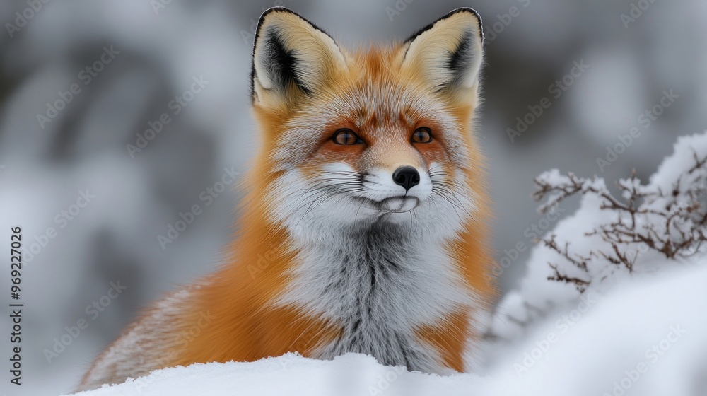 Obraz premium A close-up of a red fox in a snowy landscape.