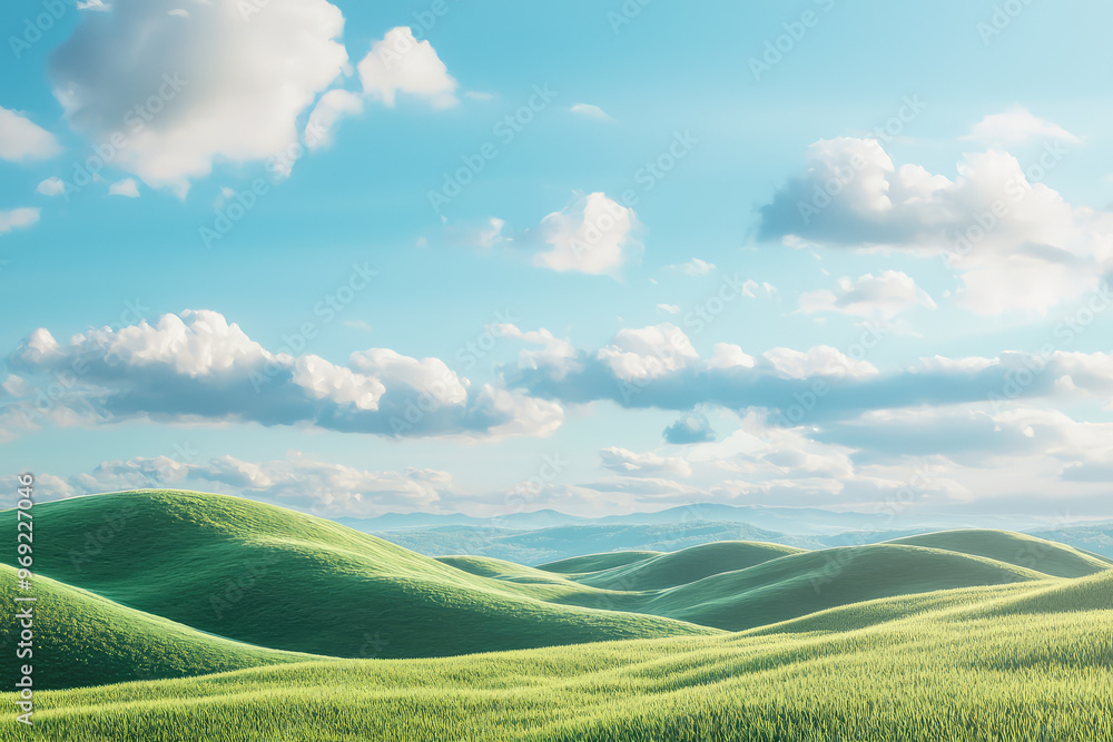 Obraz premium A dreamy paradise landscape with rolling hills and vibrant greenery
