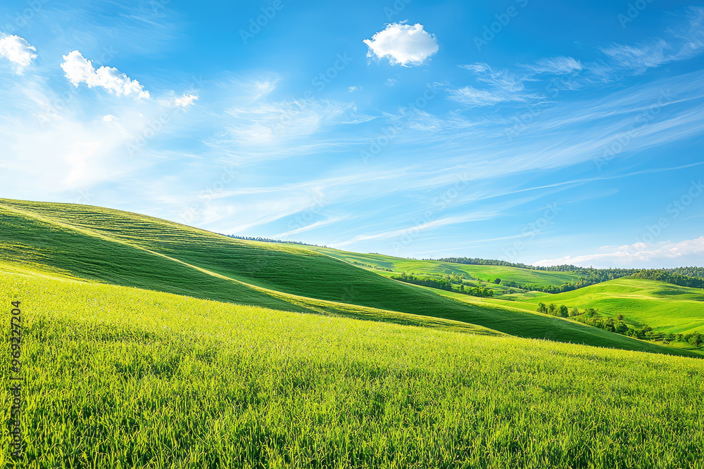 Fototapeta premium A serene landscape with rolling hills and vibrant green grass under blue sky