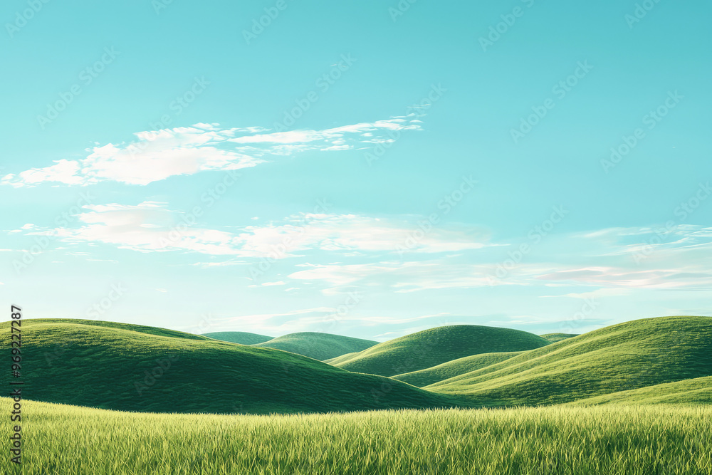 Obraz premium A dreamy paradise landscape with rolling hills and clear sky