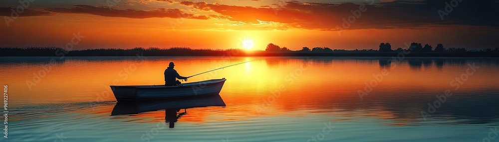 A fisherman in a boat on a calm lake, casting a line with the sun setting in the distance A fisherman in a boat on a calm lake, casting a line with the sun setting in the distance