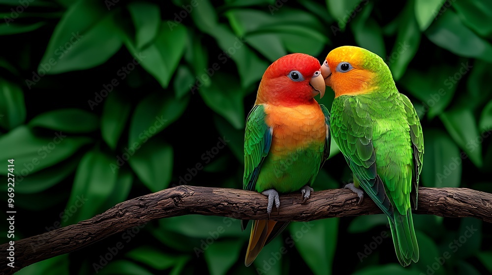 Obraz premium Two lovebirds perch closely on a branch, their colorful feathers blending with the tropical background.