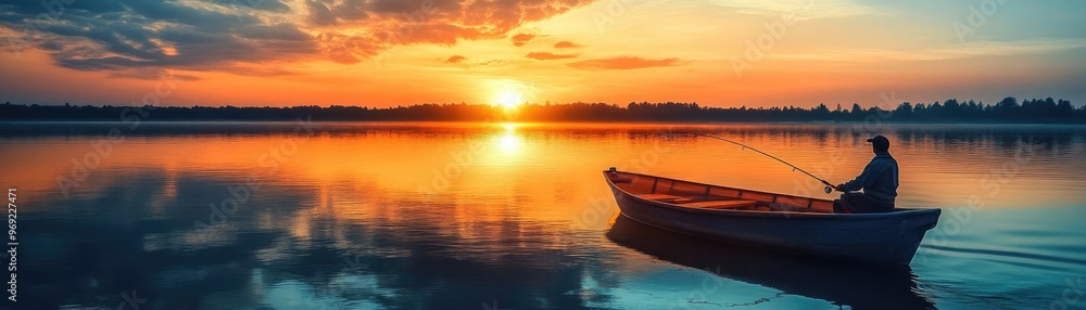 A fisherman in a boat on a calm lake, casting a line with the sun setting in the distance A fisherman in a boat on a calm lake, casting a line with the sun setting in the distance
