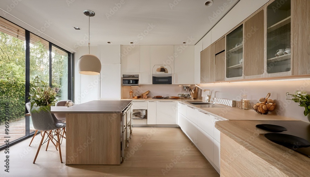 Fototapeta premium Cuisine contemporaine et lumineuse avec îlot central en bois