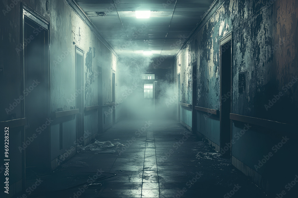 A haunted hospital corridor with flickering lights and eerie fog creates chilling atmosphere A haunted hospital corridor with flickering lights and eerie fog creates chilling atmosphere